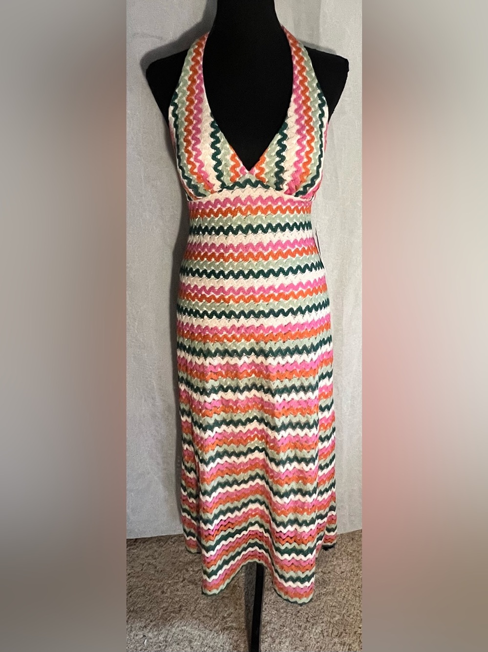Premier knit Zigzag Maxi Dress in Pink, Green & Cream